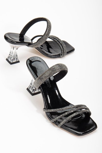 Thick Tekband Jewelled Mirror Material Black Women's Transparent Heeled Evening Dress Slippers