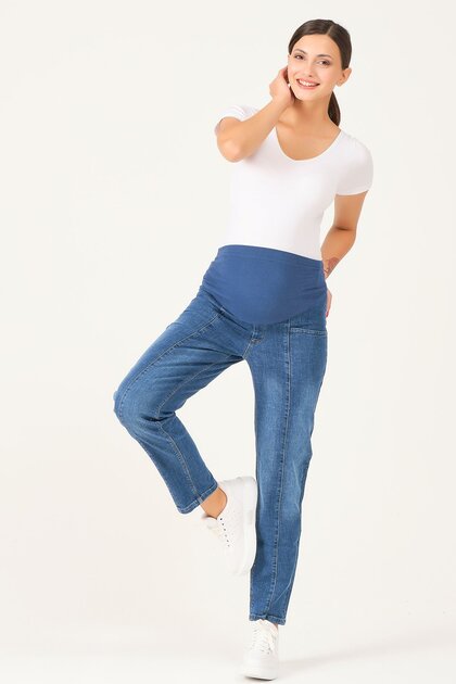 Maternity Stretchy Belly Band Mom Fit Jeans Dark Blue