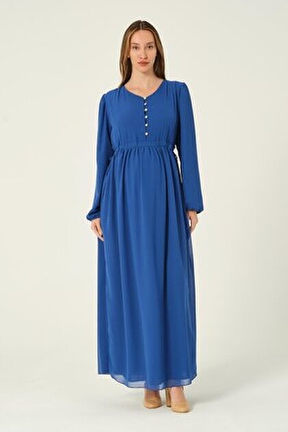 BUSA Maternity Lace-Up Waist Chiffon Maxi Length Hijab Dress Blue- Trendyol