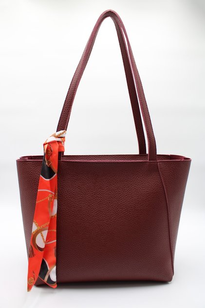 Women's Burgundy Large Size Faux Leather Shoulder Bag with Scarf Detail
