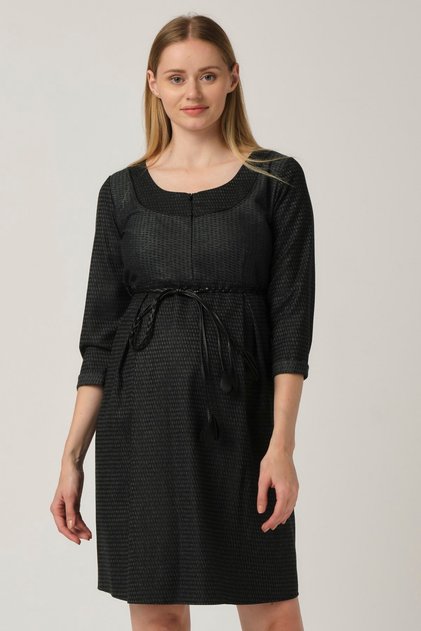 Maternity Front Zippered Belted Dress Green
