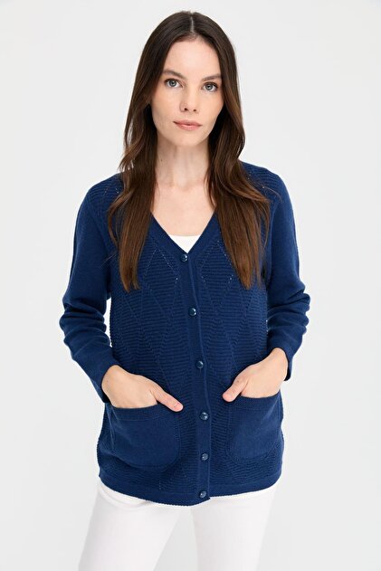 Women's V-Neck Seamless Front Buttoned Wool Cardigan Indigo