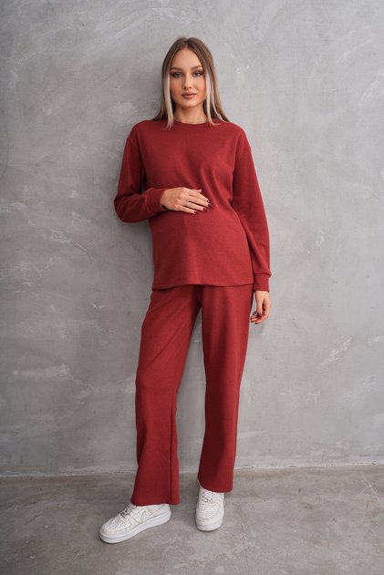 Pregnant and Maternity Crew Neck Waffle Fabric Top and Bottom Tracksuit Set