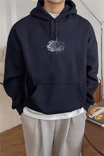 Men's Navy Blue Earth 3 Thread Raster Hooded Kangaroo Pocket Oversize Casual Hoodie Sweatshirt