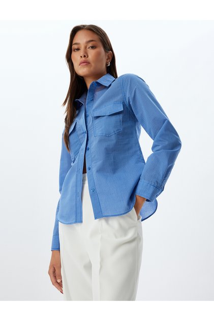 Long Sleeve Shirt with Flap and Double Pocket Detail, Cotton