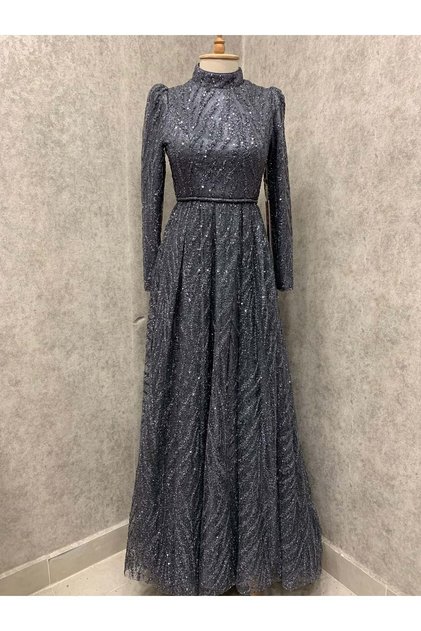24y743 Glitter and Sequin Embroidered Anthracite Evening Dress - 44