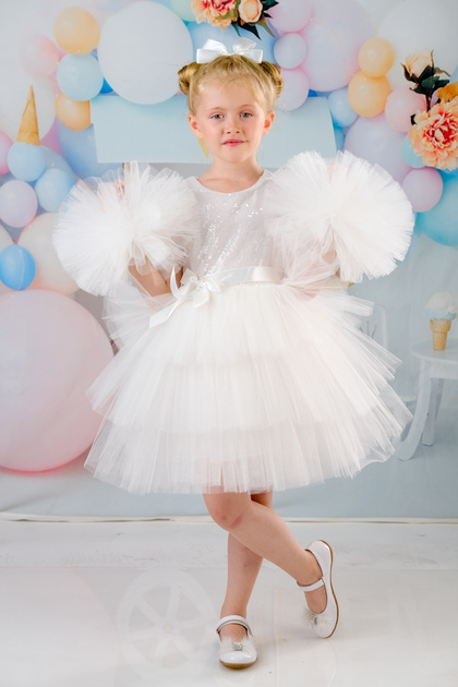 Girl's Pompom Sleeves Buckle Evening Dress Birthday Dress