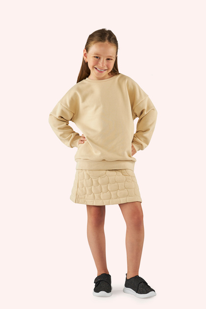 Girl's Cat Quilted Beige Knitted Skirt