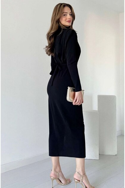 TML Makiwear Women's Black Long Dress with Padded Shoulder Pads