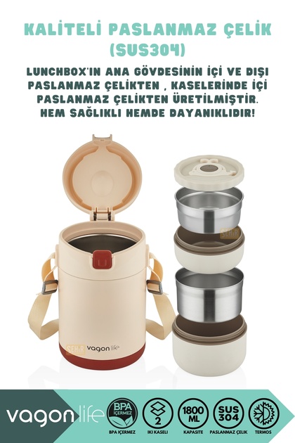 Vagonlife Bento 1800ml Lunchbox Yeni Koleksiyon 2 Kaseli 4-6Saat