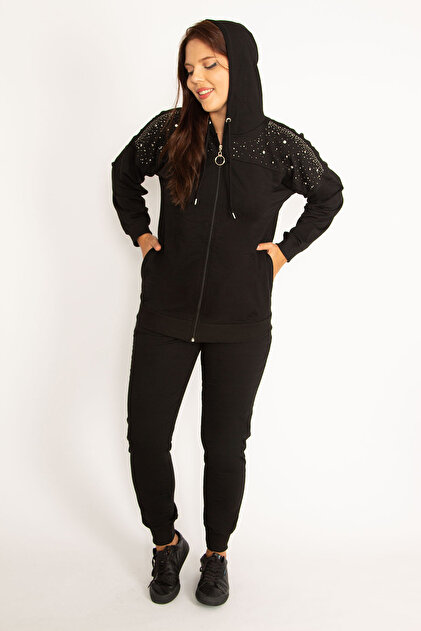 Women's Plus Size Black Stone Detailed Front Zipper and Hooded Sweatshirt Trousers Two-Piece Set 65N38387