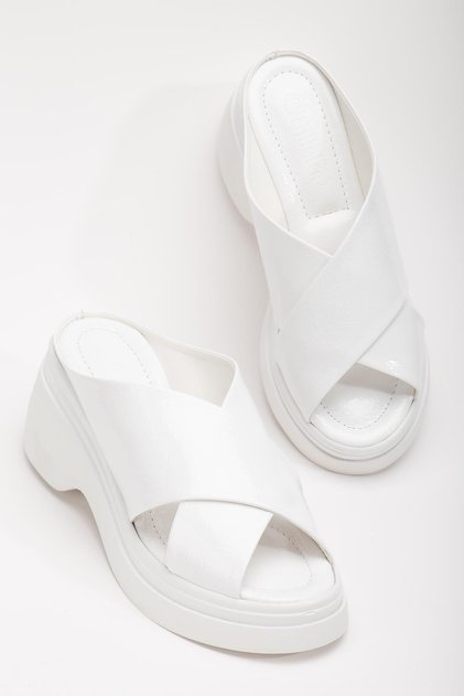 Patent Leather Thick Cross-Strapped White Women's Wedge Heeled Slippers