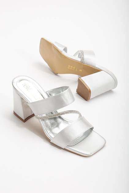 Satin Two-Striped Cross Stripe Stone Silver Women's Heeled Slippers