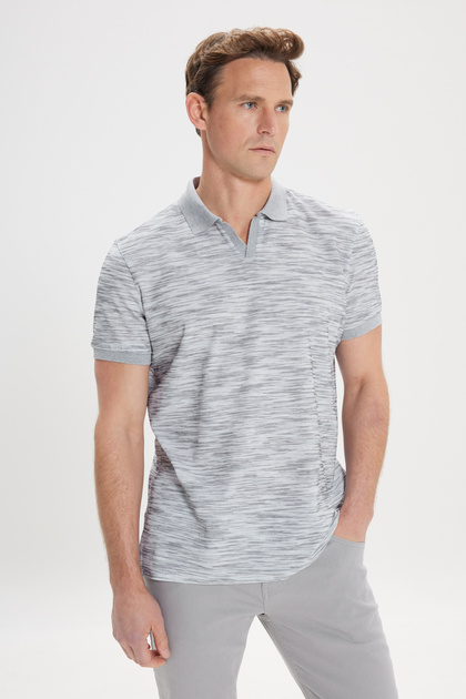 Men's Gray Melange-Black Slim Fit Slim Fit 100% Cotton Jacquard Polo Collar T-Shirt