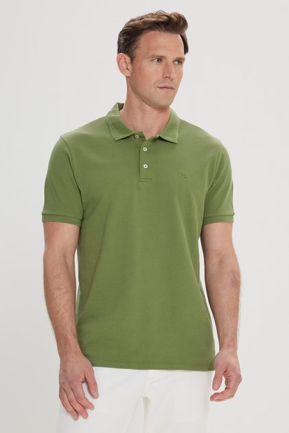 Men's Green Slim Fit Slim Fit Polo Collar 100% Cotton Short Sleeve T-Shirt