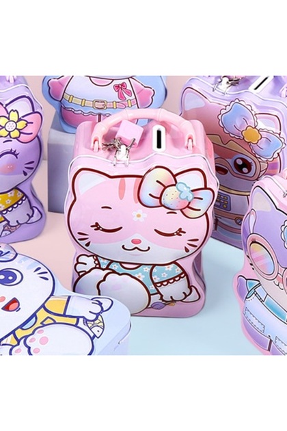 Kitten Piggy Bank with Metal Lock and Bag, Pink, 17X12-