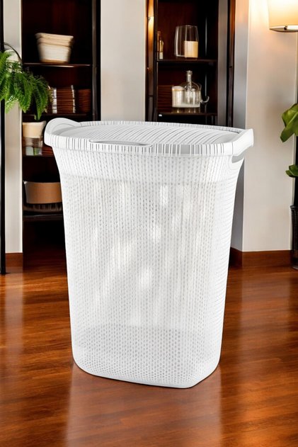 Rattan Desenli Çamaşır Sepeti, 65lt Hacim, Beyaz
