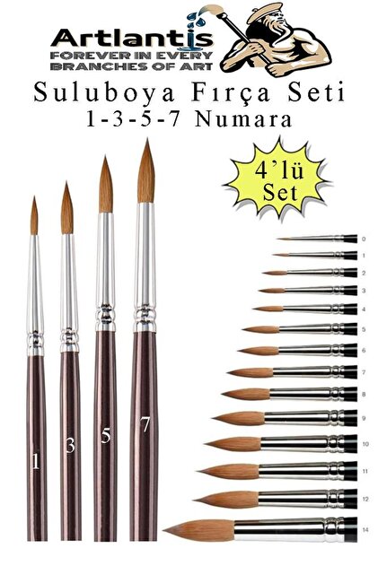 Art Brush 1 - 3 - 5 -7 Number 1 Pack of 4 Sable Round Tip Brush Set Gouache Water Acrylic Oil