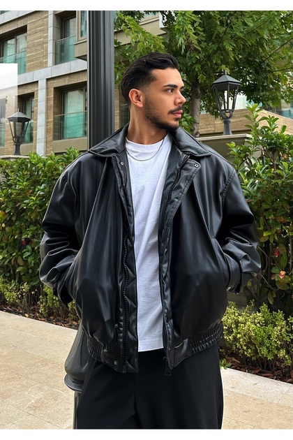 ジャケット・アウター vintage learher bomber jacket black çerme Vintage Men's Oversize Black Leather Jacket- Trendyol