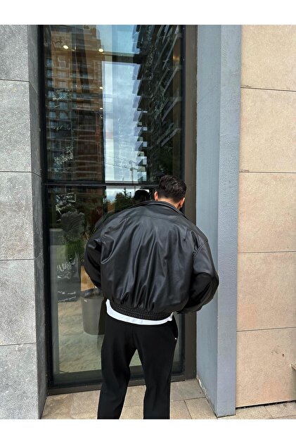 çerme Vintage Men's Oversize Black Leather Jacket- Trendyol