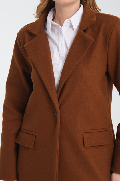 Women's Brown Long Cashmere Coat with Shoulder Padding and Lining, Filoto Pocket Flap Detailed Cut