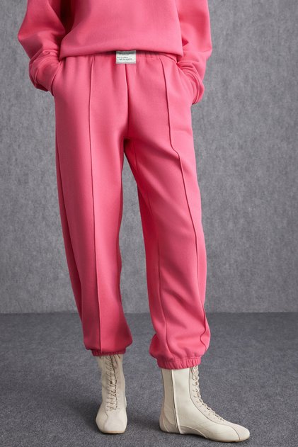 Idania Women's Soft Elastic Leg Piping Detailed Ribbed Organic Cotton Pink Sweatpants
