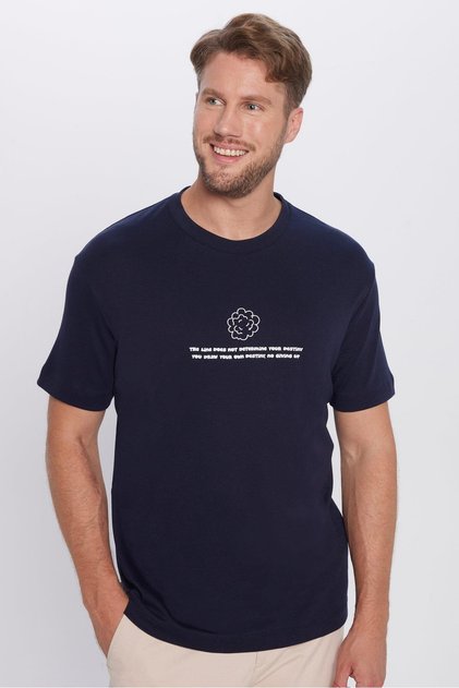 Men's Relax Fit Relaxed Fit 100% Organic Cotton Soft Textured Navy Blue Crew Neck T-Shirt