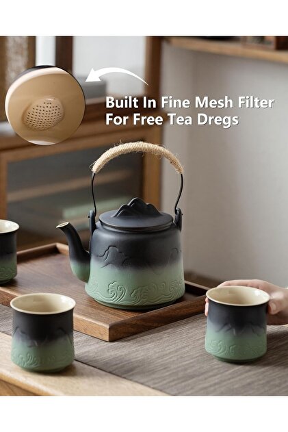 zens Japon Çay Seti 4 Çay Fincanı, Kabartmalı Seramik Çaydanlık ve