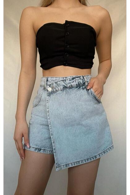 Mr Snow Wash Asymmetrical Jean Denim Shorts Skirt with Front Closure Detail