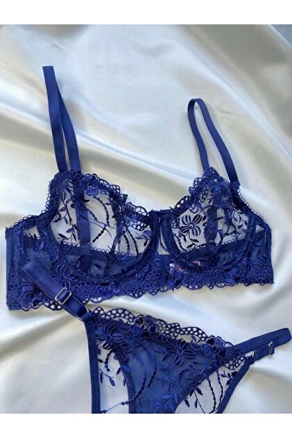 ARONA Navy Blue Underwire Brode Bra Set - Lace Lingerie Set