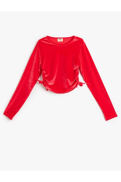 Velvet Blouse Long Sleeve Crew Neck with Gathered Side Ties