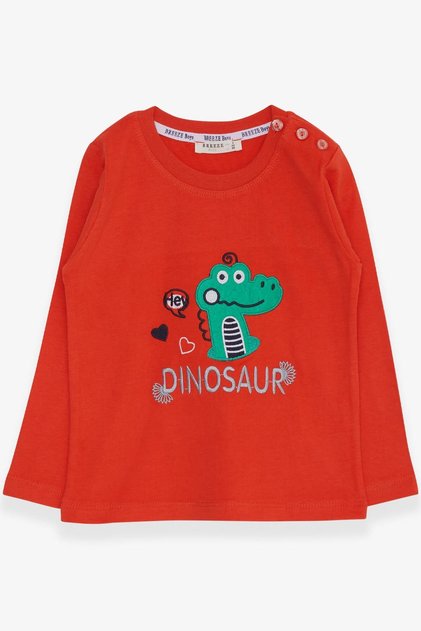 Baby Boy Long Sleeve T-Shirt with Dinosaur Embroidery 9 Months-3 Years, Orange