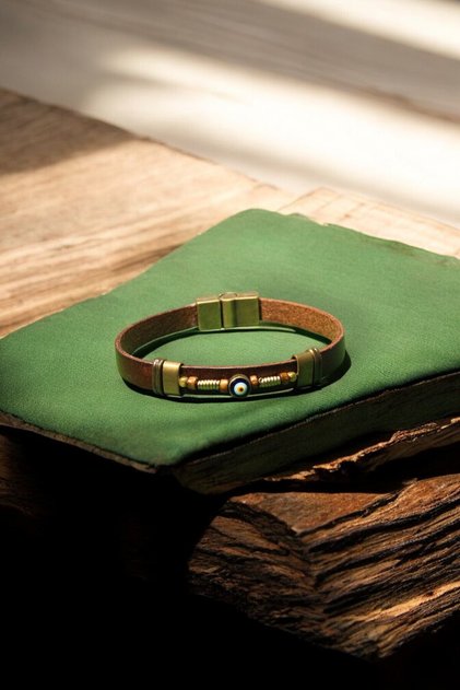 Brown Leather Bracelet - Evil Eye Bead - Special Design