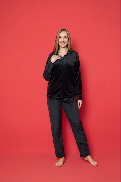 Kadın Kadife Önden Düğmeli Pijama Takımı YENİ SEZON