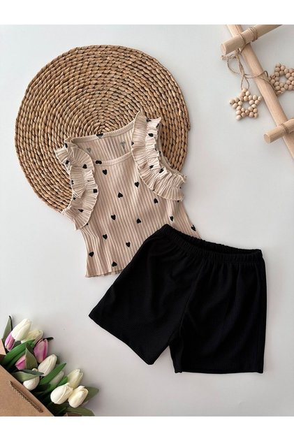 My Little One's Cute Heart-Patterned Stretchy Girl's Shorts Set - Taupe color