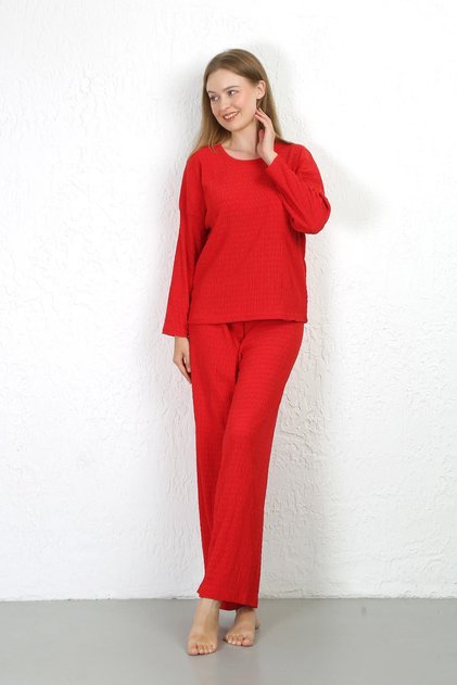 Women's crinkle fabric pajama set red 4233