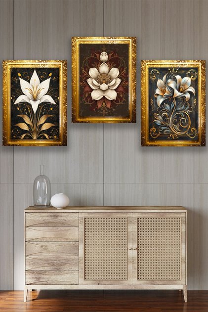 Gold Glitter Flower Series Painting Set, Black Gold Patterned Flower Painting, Decorative Wall Ornament