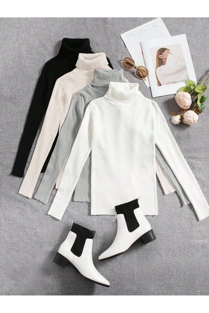 Unisex 4’lü Paket Siyah Beyaz Bej Gri Pamuklu Balıkçı Yaka Şardonlu Slimfit Boğazlı Kazak