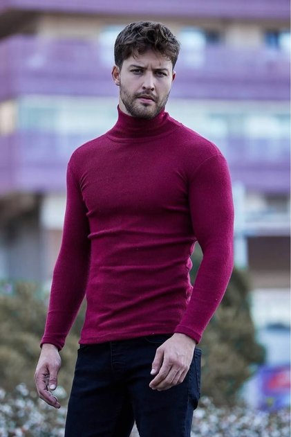 Unisex Claret Red Thick Ribbed Camisole Ribbed Slim Fit Turtleneck Turtleneck Sweater