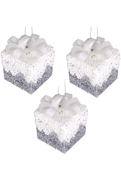 Christmas Ornament, Gift Package, Glitter, Ribbon, Silver-White - Pack of 3, 6 cm