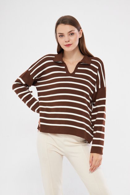 Women's Polo Neck Striped Oversize Knitwear Sweater