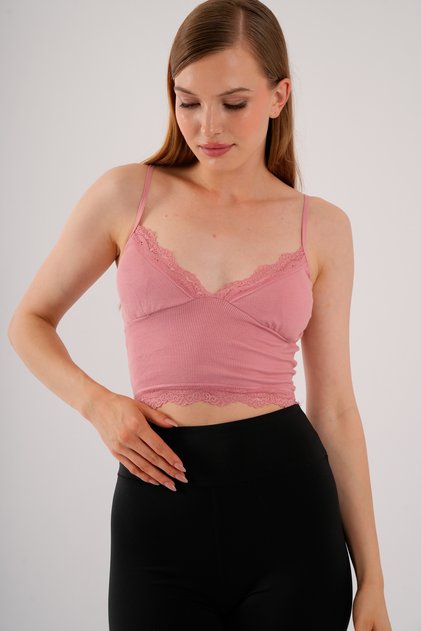 Women's Pink Crop Strap Lace Bustier Blouse with Removable Pads