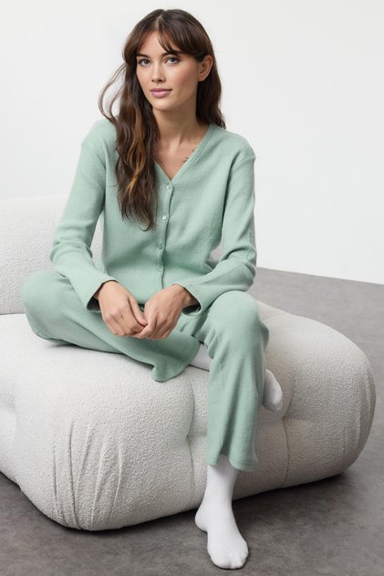 Mint Brushed Soft Corded Fabric Cardigan Knit Pajama Set THMAW25PT00074