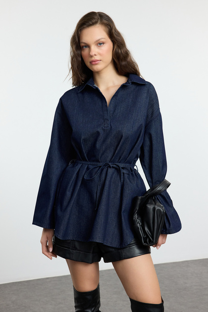 Trendyolmilla Koyu Mavi Oversize Bağlamalı Denim Gömlek