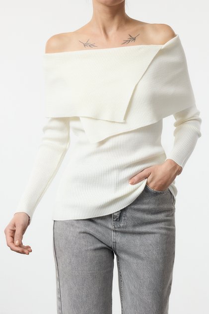 Ecru Carmen Kragen Basic Strickpullover TEDAW25KZ00023