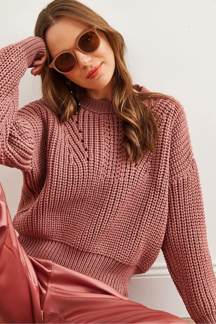 Women's Dried Rose Crew Neck Thick Knitted Loose Knitwear Sweater Kzk- 19000856