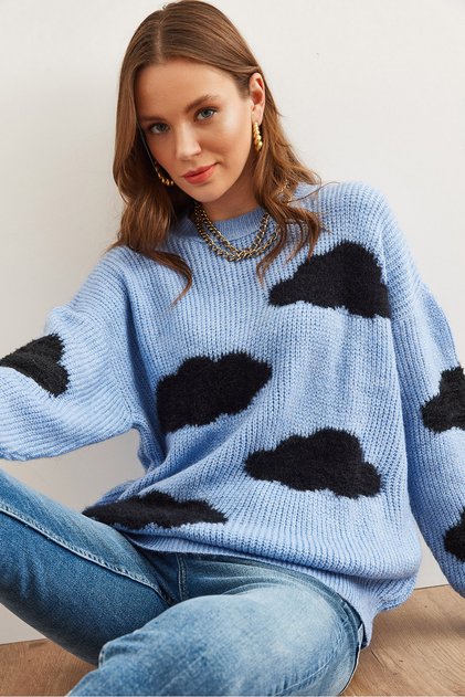 Women's Blue Cloud Detailed Soft Textured Knitwear Sweater Kzk- 19000857