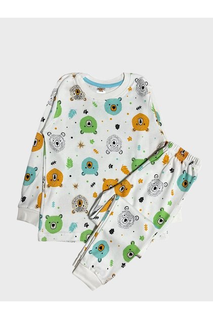 Boys' 100% Cotton White Teddy Bear Print Long Sleeve Winter Pajamas Set