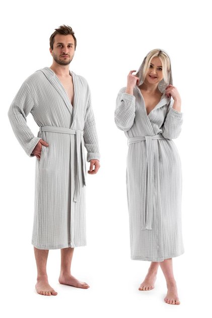 Hooded 4 Layer Gray Muslin Bathrobe - Unisex 100% Cotton Bathrobe - L/Xl