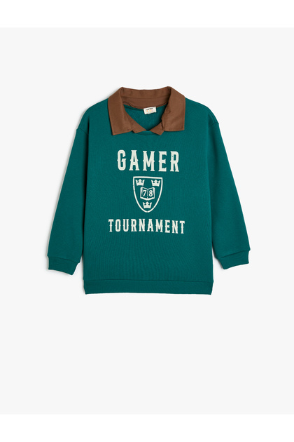 Shirt Collar Sweatshirt Print Detailed Long Sleeve